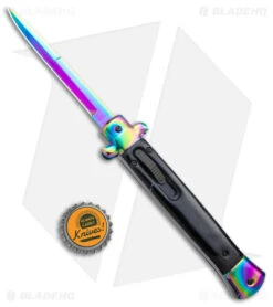 Mago 11" Italian Stiletto Bayonet OTF Auto Knife Black Acrylic (4.75" Rainbow) -Knife Discount Store 11in Italian Stiletto OTF Auto Black Acrylic Rainbow Bolster Rainbow Bayo GX 38618 jr bottlecap