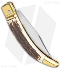 AGA Campolin Diana Lever Lock Automatic Brass Stag Horn (3.75" Satin) -Knife Discount Store AGA Campolin Diana LL Auto Brass Stag Horn Satin BHQ 135442 jr side