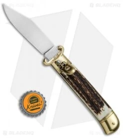 SKM 8" Lever Lock Italian Auto Stag Bone W/ Brass Bolster (3.2" Polish) 9 SKM 8" Lever Lock Italian Auto Stag Bone W/ Brass Bolster (3.2" Polish) -Knife Discount Store Beltrame Knives LL Italian Auto Stag Brass BP 27022 jr bottlecap