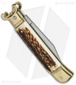 SKM 8" Lever Lock Italian Auto Stag Bone W/ Brass Bolster (3.2" Polish) 8 SKM 8" Lever Lock Italian Auto Stag Bone W/ Brass Bolster (3.2" Polish) -Knife Discount Store Beltrame Knives LL Italian Auto Stag Brass BP 27022 jr side