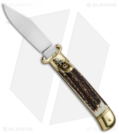 SKM 8" Lever Lock Italian Auto Stag Bone W/ Brass Bolster (3.2" Polish) 3 SKM 8" Lever Lock Italian Auto Stag Bone W/ Brass Bolster (3.2" Polish)