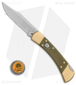 Buck Knives Buck 110 Automatic Knife OD Green Canvas Micarta/Brushed Brass (3.75" SW) -Knife Discount Store Buck 110 Auto Brushed Micarta Brass BHQ 88783 er bottlecap