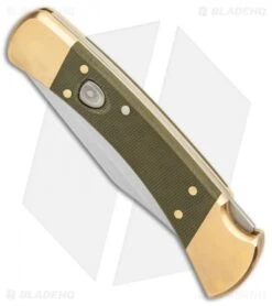Buck Knives Buck 110 Automatic Knife OD Green Canvas Micarta/Brushed Brass (3.75" SW) -Knife Discount Store Buck 110 Auto Brushed Micarta Brass BHQ 88783 er spine