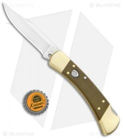 Buck Knives Buck 110 Automatic Knife OD Grn Micarta/Brushed Brass (3.75" S30V SW) Exclusive -Knife Discount Store Buck 110 Auto OD Green Micarta Brushed Brass SW 0110GRSABHQ2 B BHQ 90211 jr bottlecap