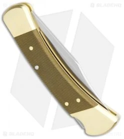 Buck Knives Buck 110 Automatic Knife OD Grn Micarta/Brushed Brass (3.75" S30V SW) Exclusive -Knife Discount Store Buck 110 Auto OD Green Micarta Brushed Brass SW 0110GRSABHQ2 B BHQ 90211 jr side