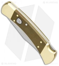 Buck Knives Buck 110 Automatic Knife OD Grn Micarta/Brushed Brass (3.75" S30V SW) Exclusive -Knife Discount Store Buck 110 Auto OD Green Micarta Brushed Brass SW 0110GRSABHQ2 B BHQ 90211 jr spine