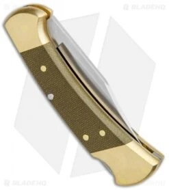 Buck Knives Buck 112 Exclusive Automatic Knife Green Micarta/Brass (3" Satin) 10 Buck Knives Buck 112 Exclusive Automatic Knife Green Micarta/Brass (3" Satin) -Knife Discount Store Buck 112 Exclusive Auto OD Green Micarta Polished Brass Satin 0112GRSABHQ B BHQ 101545 jr side 1 2