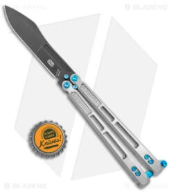 EOS Trident Balisong Butterfly Knife Satin Titanium W/ Blue (4.5" Black S30V) -Knife Discount Store EOS Trident Satin Blue black BHQ 135853 jr bottlecap