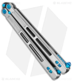EOS Trident Balisong Butterfly Knife Satin Titanium W/ Blue (4.5" Black S30V) -Knife Discount Store EOS Trident Satin Blue black BHQ 135853 jr side