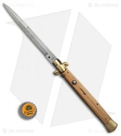 SKM AB 13" Italian Stiletto Automatic Knife Olive Wood Brass (5.7" Satin Bayo) -Knife Discount Store SKM AB 13in italian stiletto olive wood brass bayonet BP 22699 er bottlecap