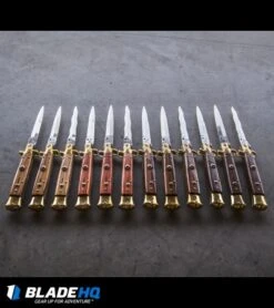 SKM AB 9" Italian Stiletto Automatic Knife Brass/Olive Wood (3.8" Satin Kriss) 9 SKM AB 9" Italian Stiletto Automatic Knife Brass/Olive Wood (3.8" Satin Kriss) -Knife Discount Store skm ab wood stiletto variety concrete dl