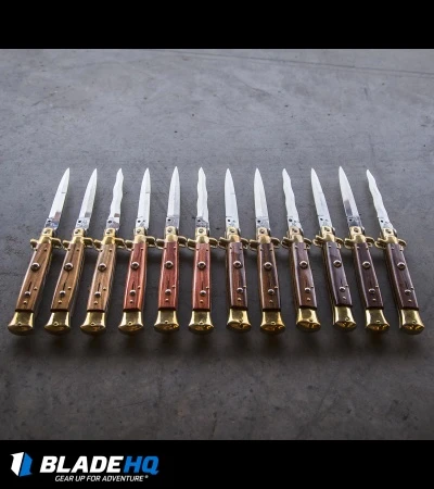 SKM AB 9" Italian Stiletto Automatic Knife Brass/Olive Wood (3.8" Satin Kriss) 6 SKM AB 9" Italian Stiletto Automatic Knife Brass/Olive Wood (3.8" Satin Kriss) - Image 4